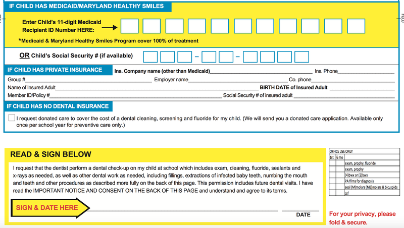Screenshot of partial dental permission slip
