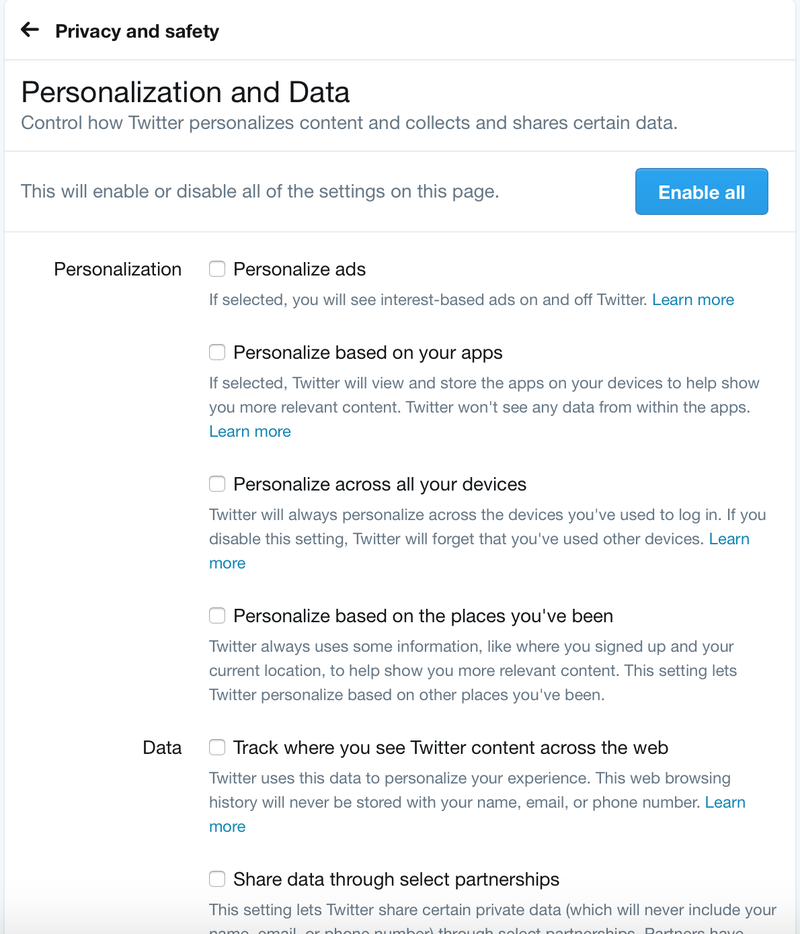 Twitter Personalization and Data choices