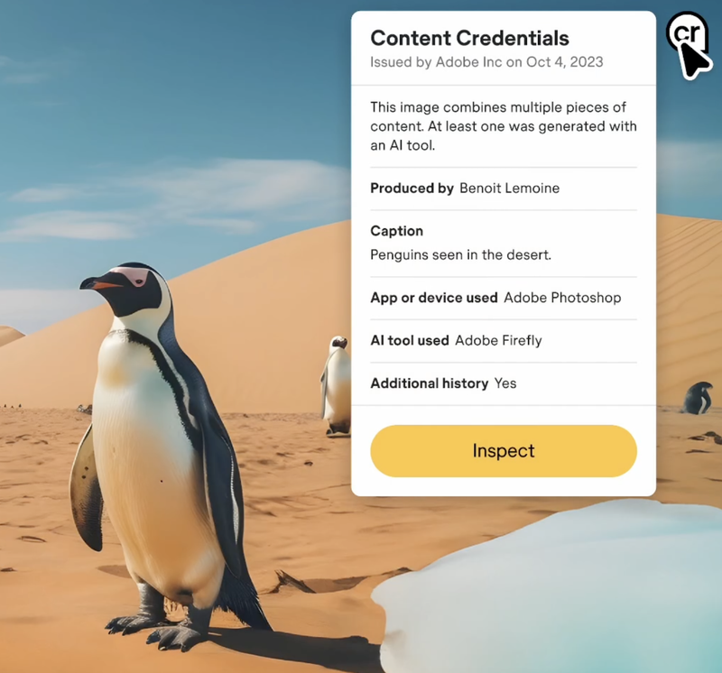 Figure 10: Image from the ContentCredentials.org homepage; this illustration highlights the "Content Credentials" box, which includes the content labeling for the image.